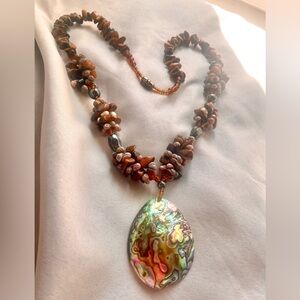 Abalone shell necklace with tigers eye & hematite gemstone beads and tiny shells